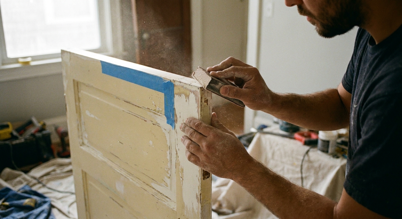 A real photograph of a person sanding the edge of a painted interior door with a sanding block, with painter's tape marking the rubbing area near the top corner