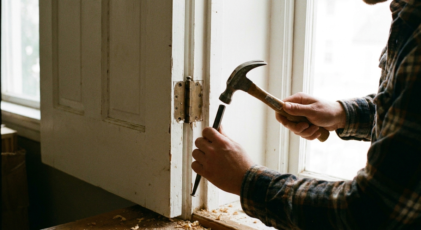 A real photograph of a person tapping out a hinge pin from an interior door hinge using a small hammer and punch, with the door open