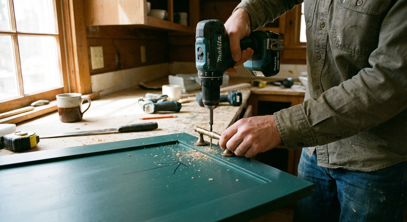 A real photograph of a person using a drill to install a brass cabinet pull on a freshly painted cabinet door in a kitchen