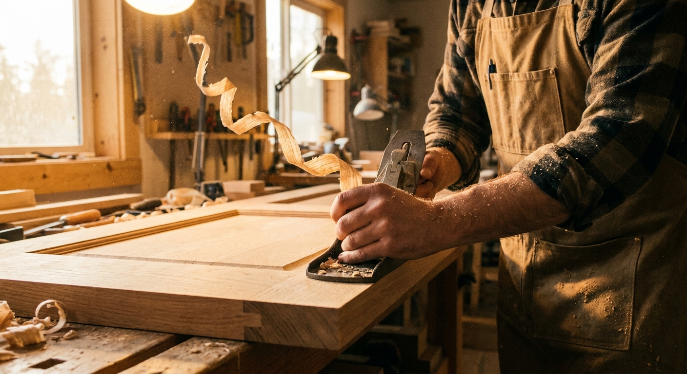 A real photograph of a person using a hand plane on the edge of a wooden interior door, with thin wood shavings curling away in warm workshop lighting