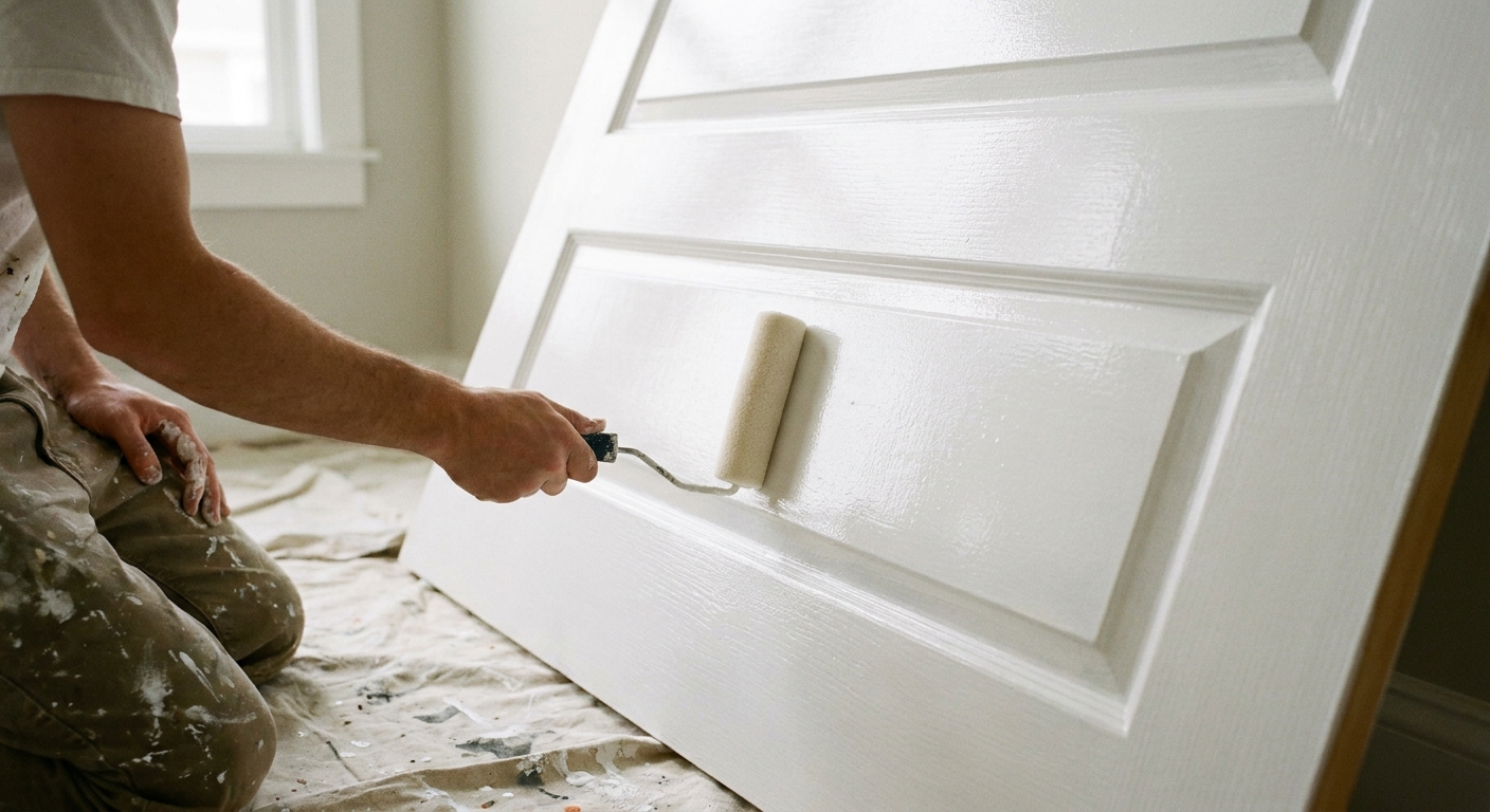 A real photograph of a person using a small foam roller to apply white satin paint on an interior door panel, wet paint reflecting light softly