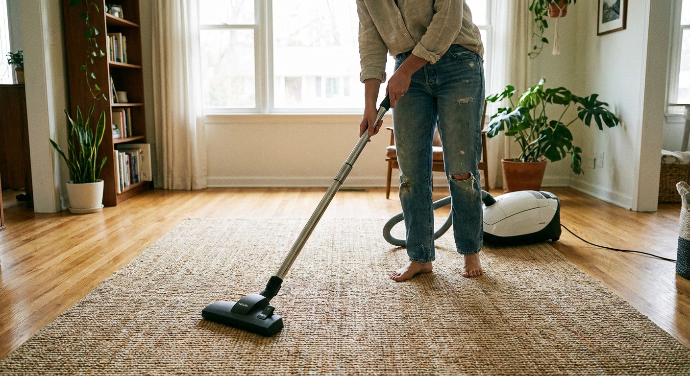 A real photograph of a person vacuuming a woven sisal rug with a canister vacuum head set for suction only, natural daylight and a tidy room