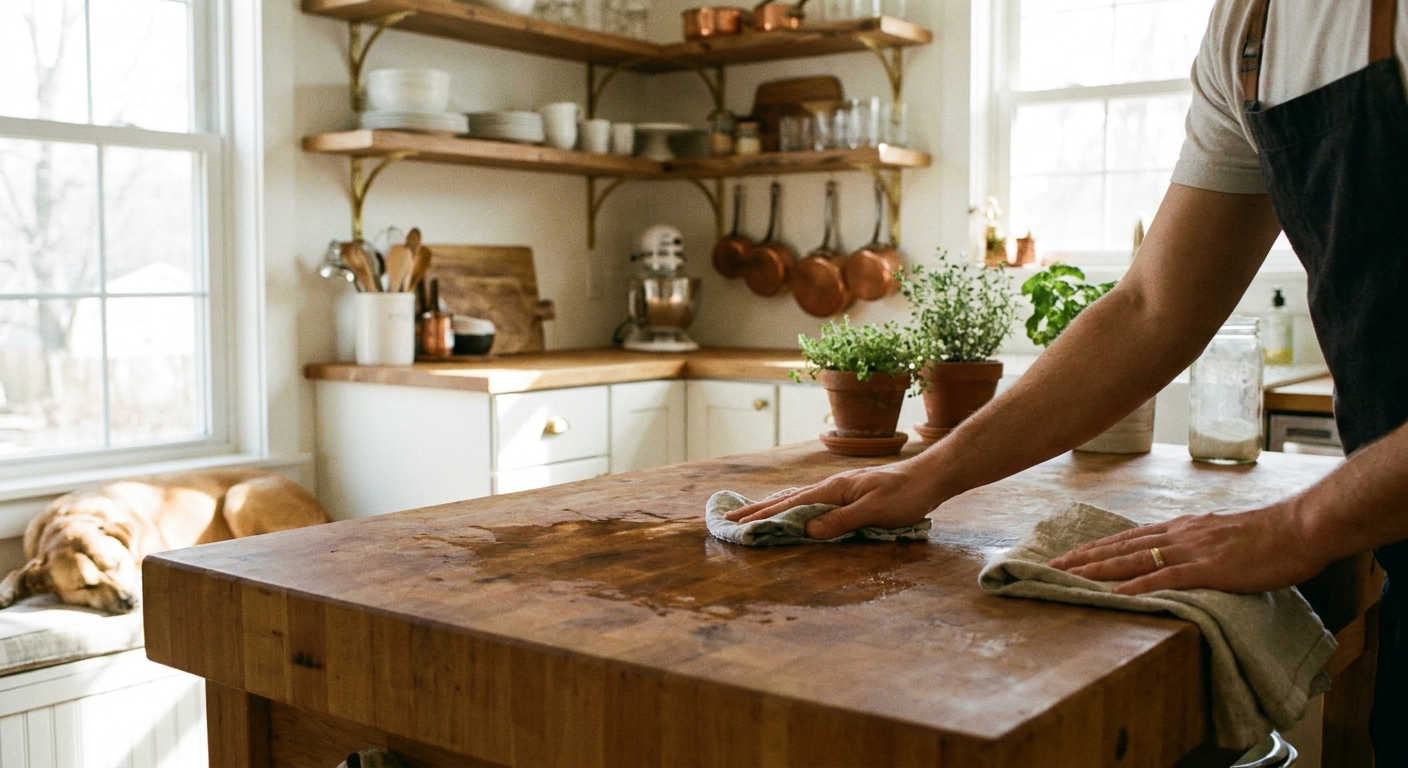 A real photograph of a person wiping a butcher block countertop with a damp cloth and immediately following with a dry towel in a bright home kitchen