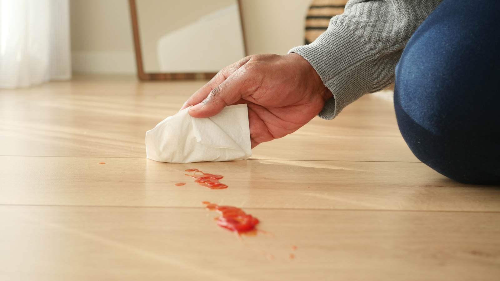 A real photograph of a plastic putty knife, microfiber cloth, and a small bowl of warm soapy water placed next to a hardwood floor area rug