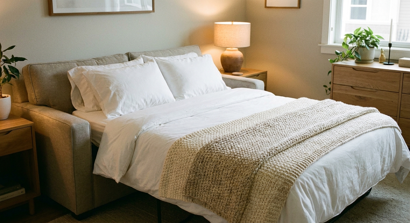 A real photograph of a pull-out sleeper sofa made up with crisp white linens and a textured throw in a calm guest room, warm bedside lamp lighting