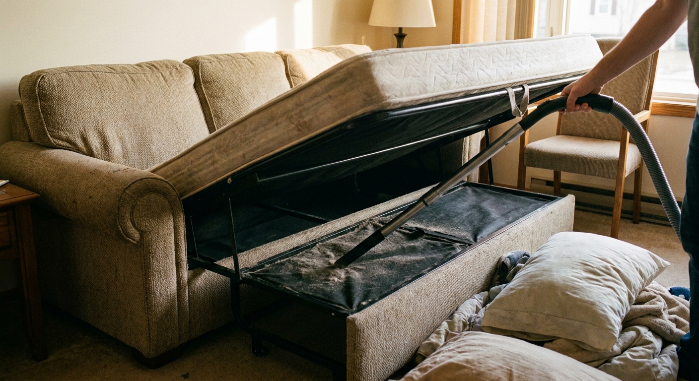 A real photograph of a pull-out sleeper sofa opened with the mattress lifted out, while a vacuum crevice tool cleans dust from the interior storage cavity and metal frame, indoor lighting