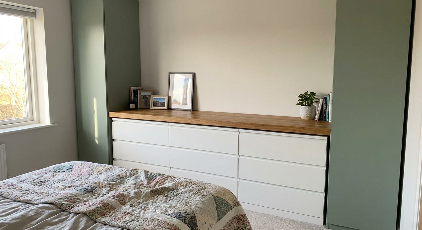 A real photograph of a row of IKEA MALM dressers turned into a built-in with a warm wood countertop and painted side panels in a bedroom