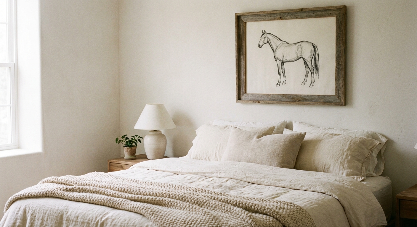 A real photograph of a simple framed horse sketch hanging above a neutral bed with cream bedding, styled with minimal decor and soft natural light