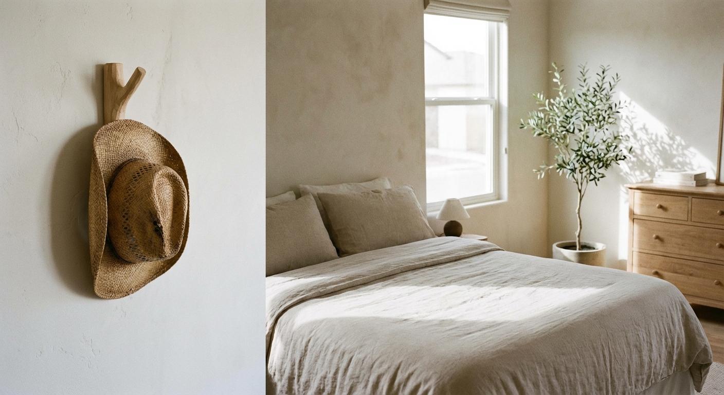 A real photograph of a simple wooden wall hook holding a woven straw cowboy hat in a bright neutral bedroom with soft shadows