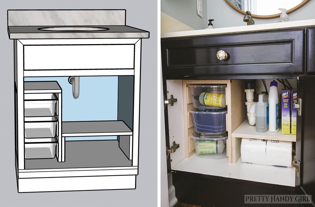 A real photograph of a small bathroom vanity with open cabinet doors showing neatly organized bins, a slim pull-out caddy, and a clear lazy Susan arranged around the sink plumbing