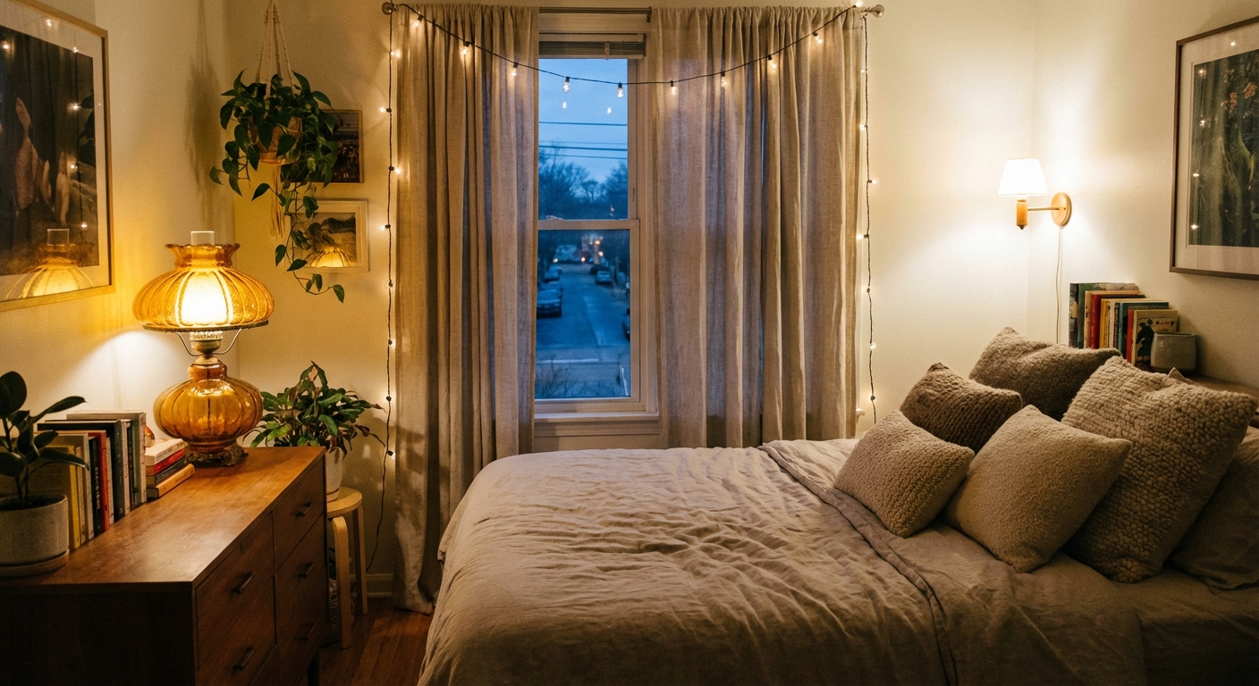 A real photograph of a small bedroom at dusk with warm layered lighting, an amber-glass table lamp glowing on a dresser, linen curtains, and a neutral bed with textured pillows