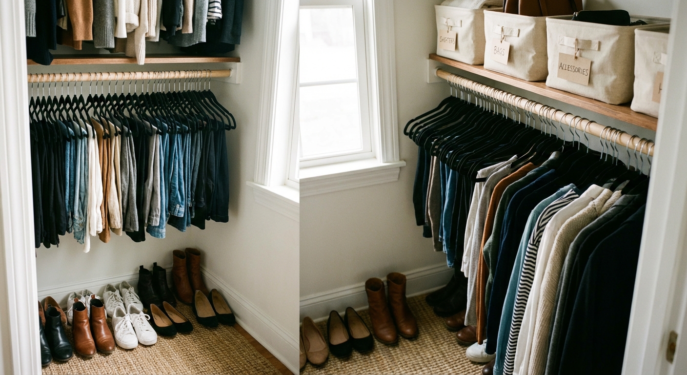 A real photograph of a small bedroom closet interior with double hanging rods, uniform slim velvet hangers, labeled storage bins on the top shelf, and neatly arranged shoes on the floor