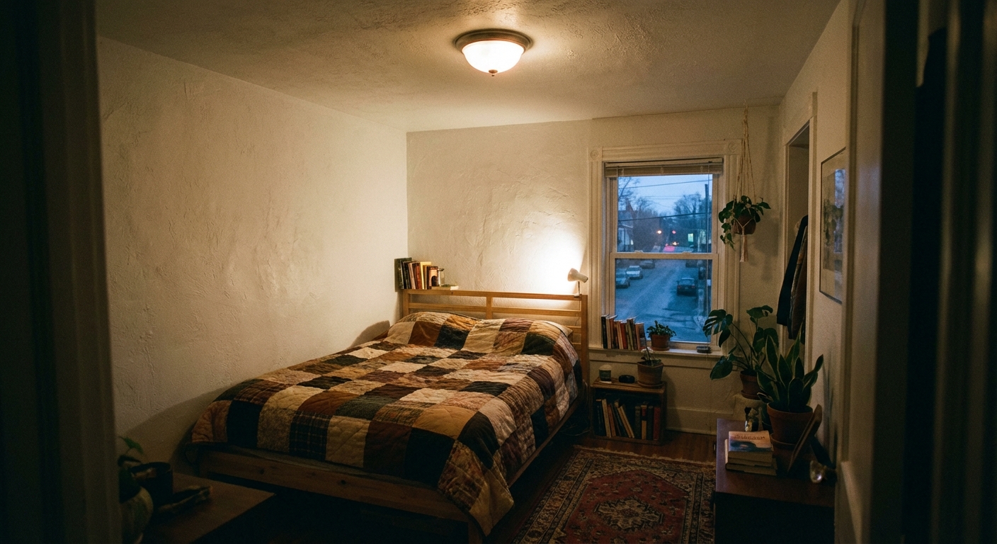 A real photograph of a small bedroom with a simple flush-mount ceiling light turned low on a dimmer, casting a soft warm glow across white walls and a textured quilt