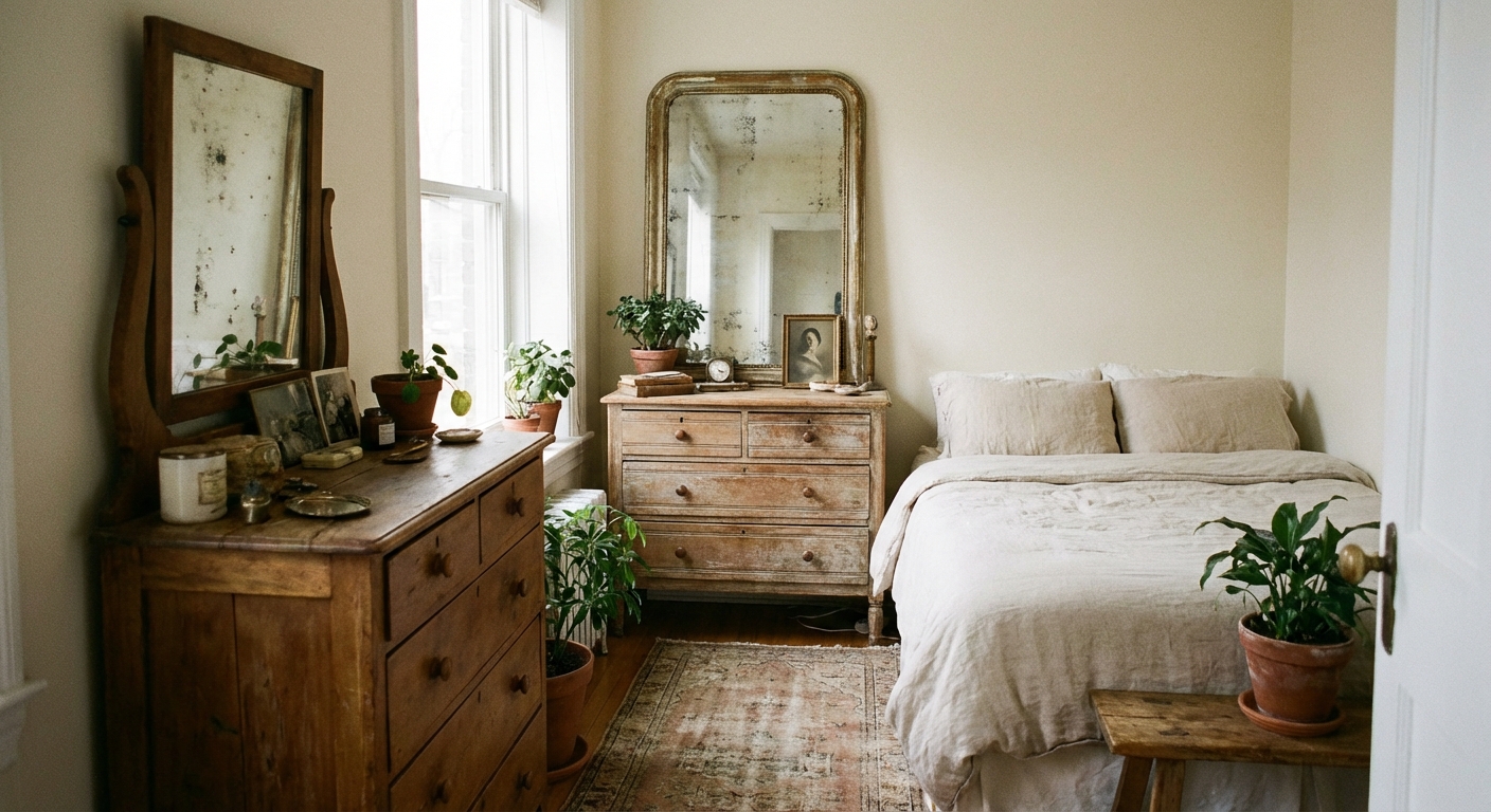 A real photograph of a small bedroom with a vintage patina mirror above a narrow dresser, daylight reflecting softly from a nearby window, and a neutral palette with warm wood tones