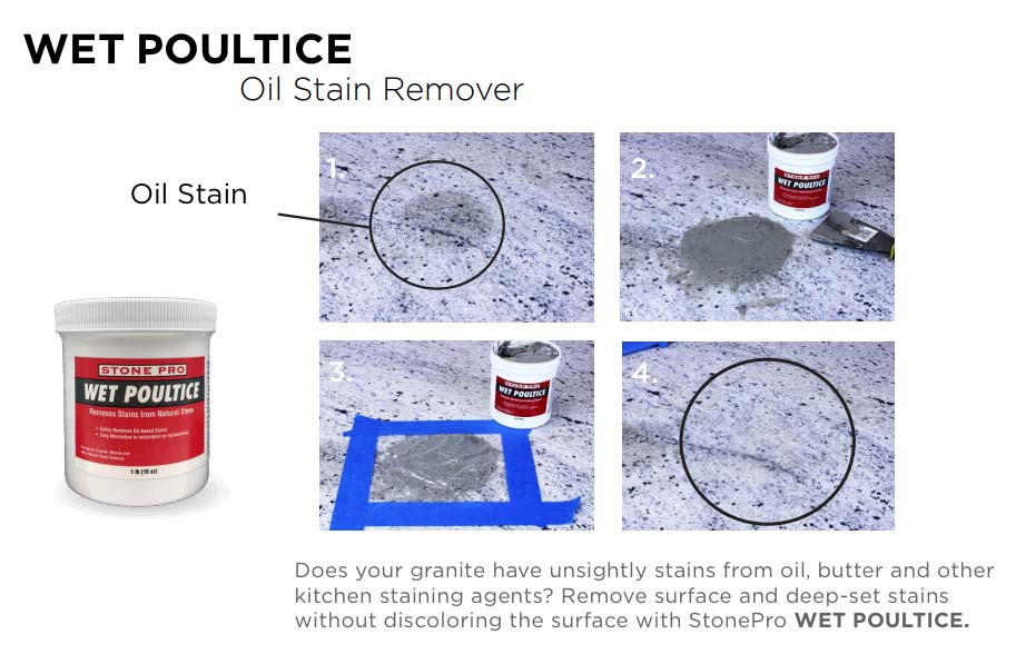 A real photograph of a small patch of white poultice paste applied on a marble countertop surface in a kitchen, with a soft cloth nearby