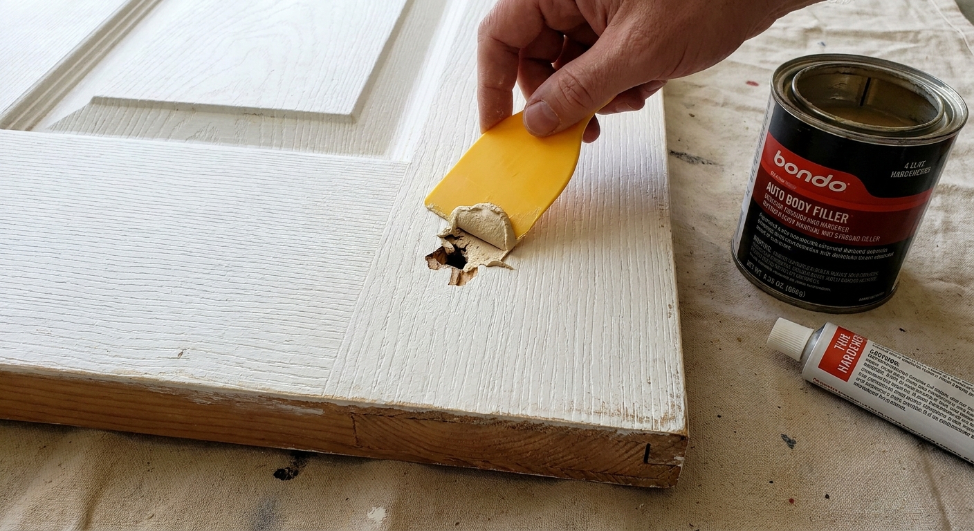 A real photograph of a small puncture in a hollow-core door being filled with beige auto body filler using a plastic spreader, close-up on a flat door panel