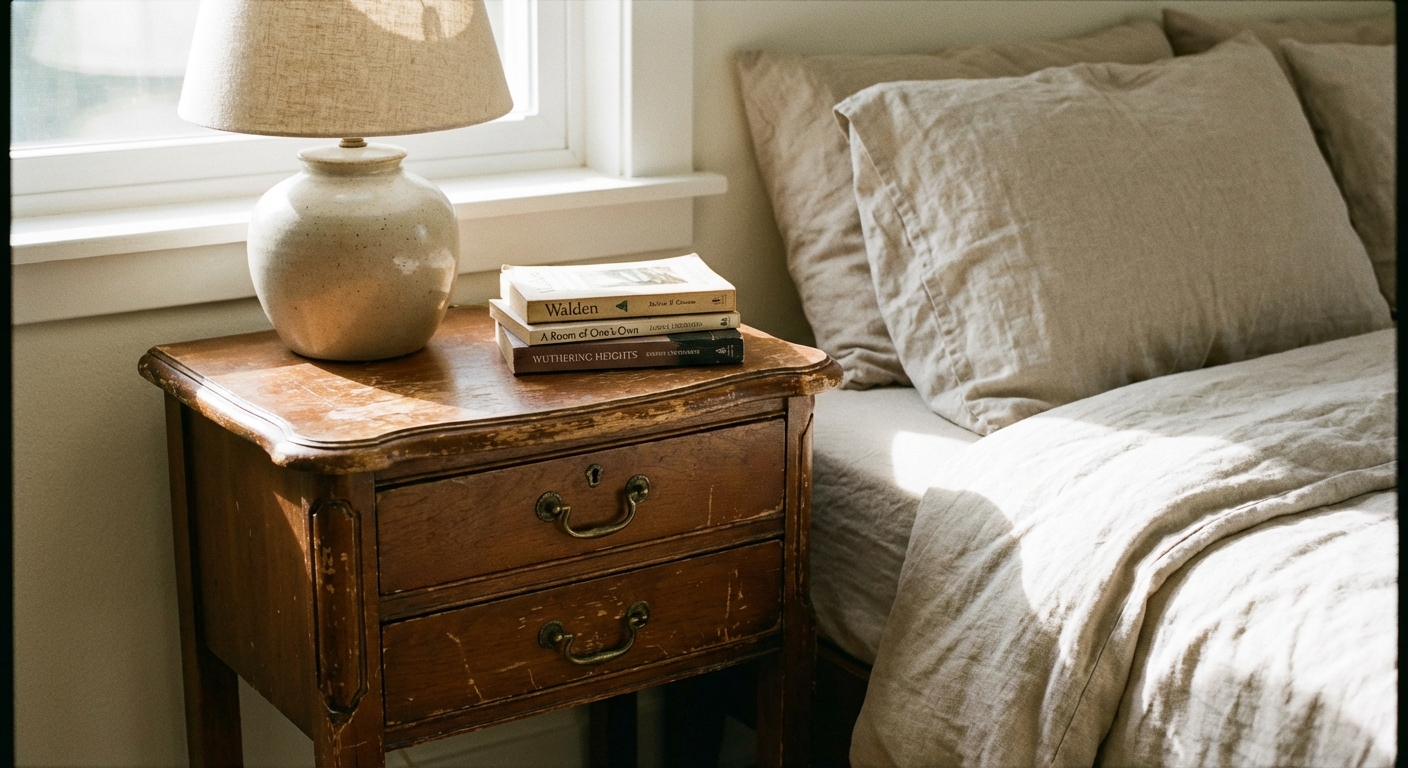 A real photograph of a small vintage wooden nightstand with worn edges and brass pulls beside a neutral bed, with a ceramic lamp and a small stack of books