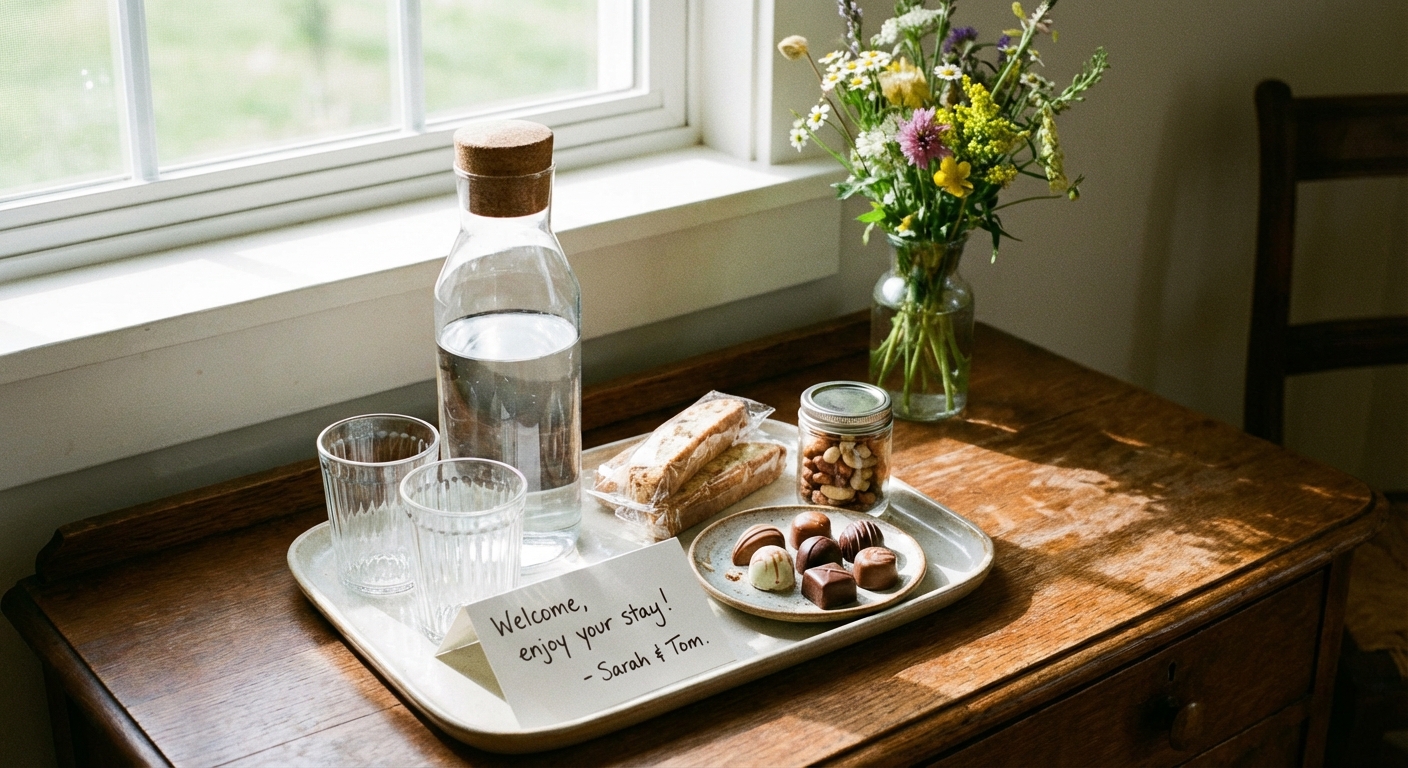 A real photograph of a small welcome tray on a guest room dresser with a glass water carafe, two tumblers, and a few neatly arranged snacks