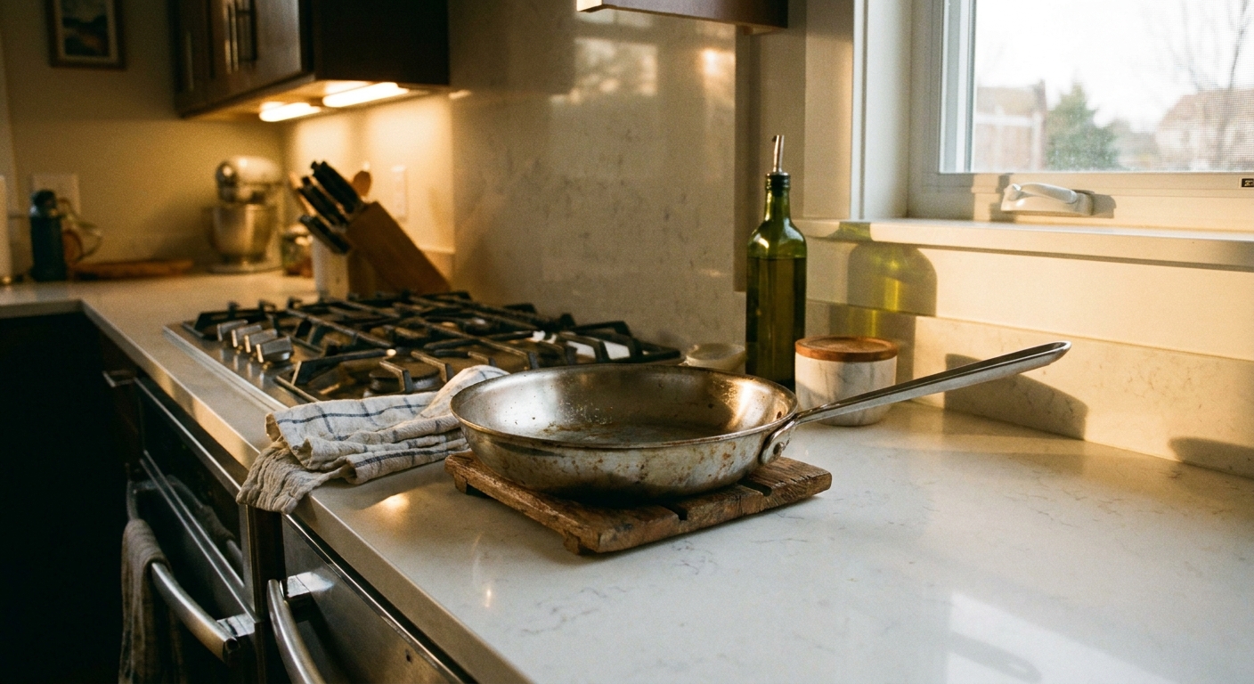 A real photograph of a stainless steel skillet resting on a wooden trivet on a light solid surface countertop beside a stovetop, evening kitchen light
