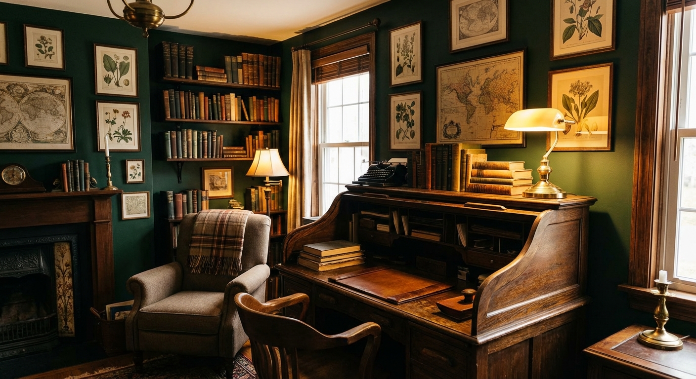 A real photograph of a study with deep green painted walls, a vintage wooden desk, framed art, and warm ambient lighting creating a cozy, scholarly mood