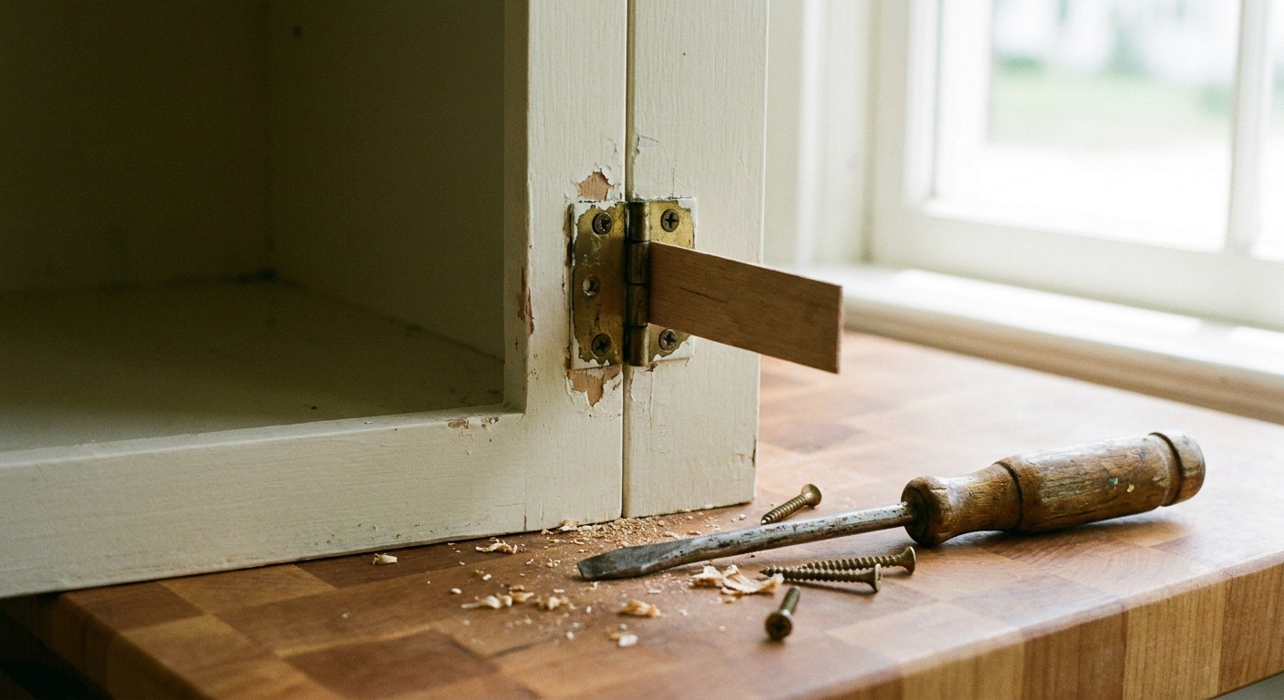 A real photograph of a thin wood shim placed behind a cabinet hinge on a painted face frame, with a screwdriver resting nearby on a kitchen counter