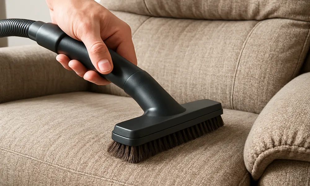 A real photograph of a vacuum cleaner brush attachment gently cleaning crumbs from the seams of a caramel leather couch