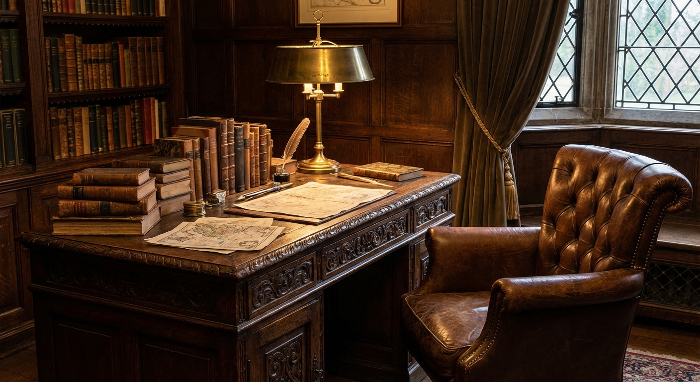 A real photograph of a vintage wood desk paired with a worn leather chair, with a stack of books and a brass lamp on the desktop