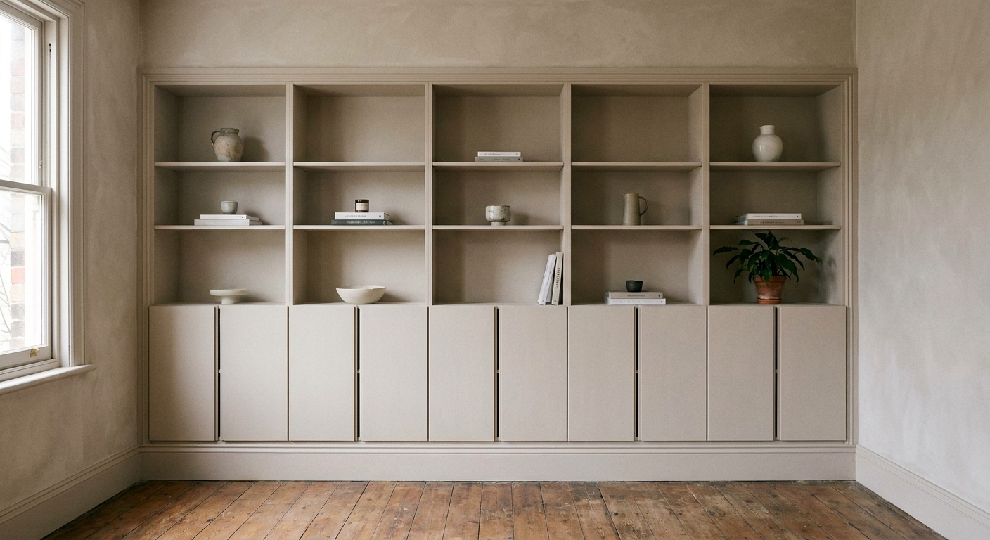 A real photograph of an IKEA IVAR shelving unit painted a soft mushroom color, flush to a wall with a clean, built-in look and minimal styling