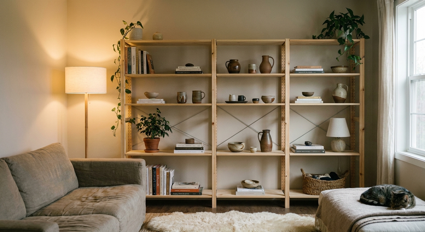 A real photograph of an IKEA IVAR shelving unit styled in a living room with warm ambient lighting, books and ceramics arranged with negative space, and a soft neutral wall behind it