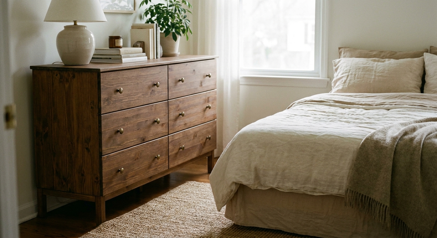 A real photograph of an IKEA Tarva dresser finished in a warm walnut stain with brass drawer pulls, sitting in a softly lit bedroom with neutral bedding