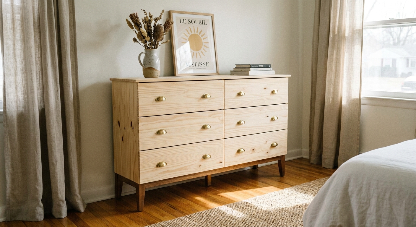 A real photograph of an IKEA Tarva dresser raised on tapered wooden legs with brass drawer pulls, styled with a ceramic vase and a framed print on top