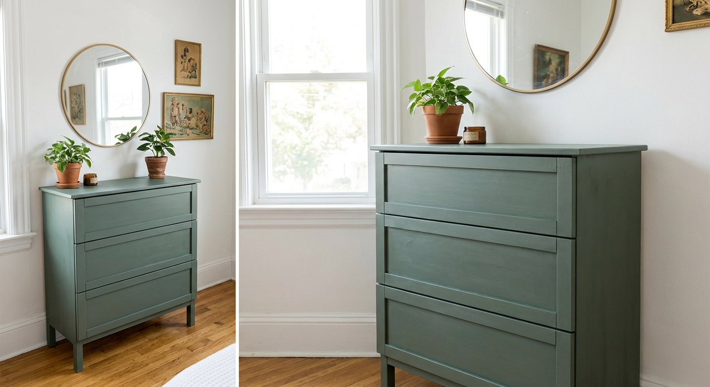 A real photograph of an IKEA Tarva dresser with added shaker-style trim on the drawer fronts, painted a deep muted green in a bright room
