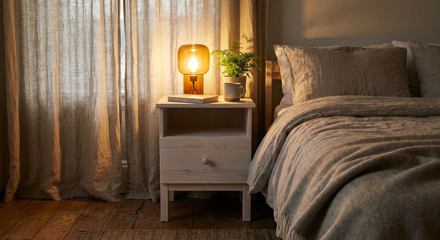A real photograph of an IKEA Tarva nightstand with a soft whitewashed finish beside a bed, with linen curtains and an amber bedside lamp in warm evening light
