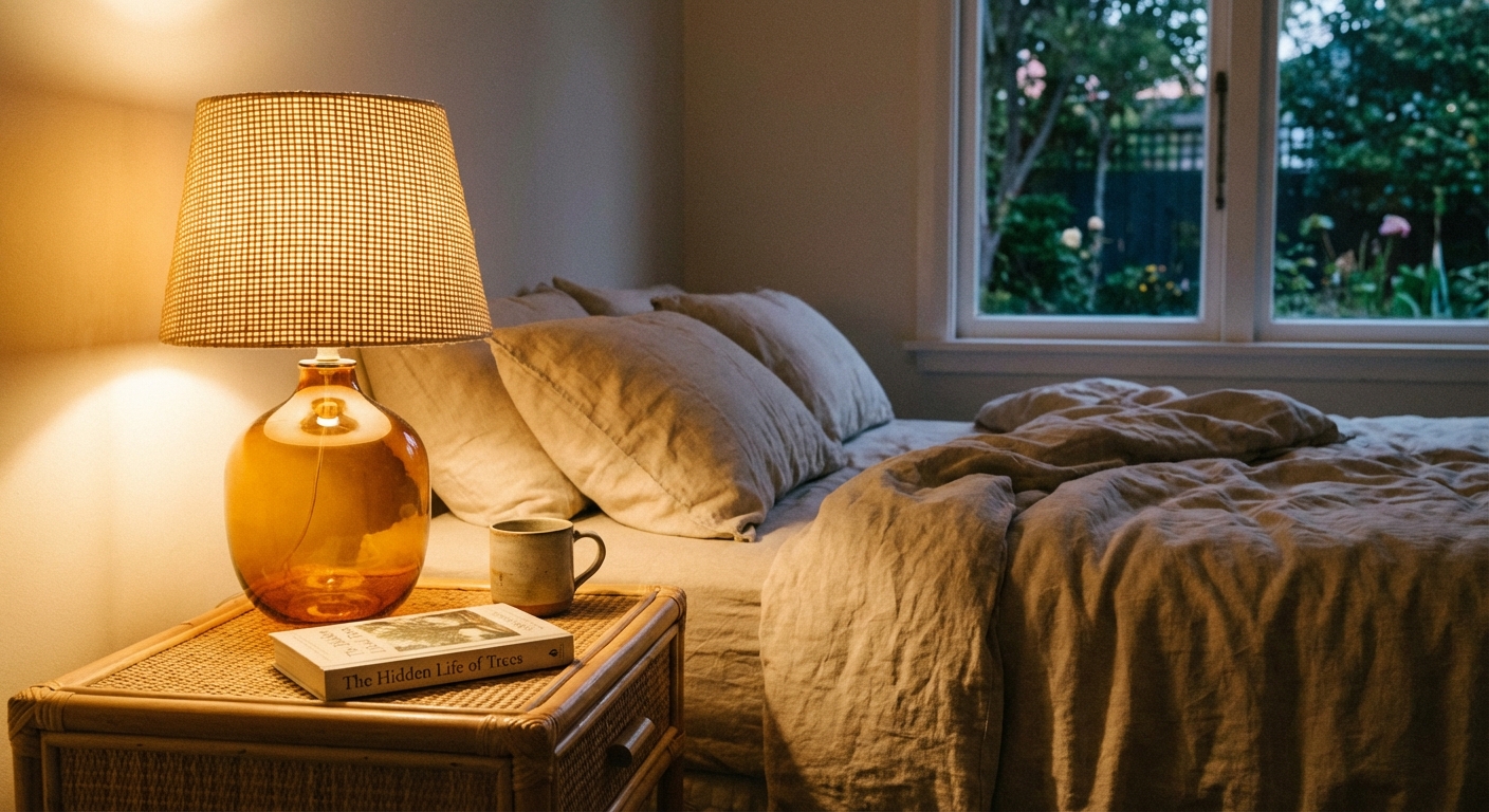 A real photograph of an amber glass table lamp on a rattan nightstand next to a bed with linen bedding, casting a warm glow in the evening
