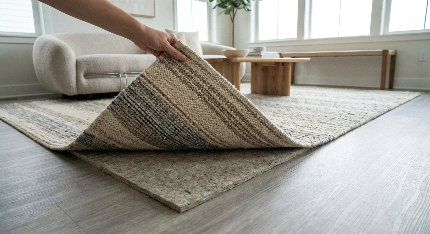 A real photograph of an area rug partially lifted to show a rug pad underneath on a light gray luxury vinyl plank floor in a modern living room