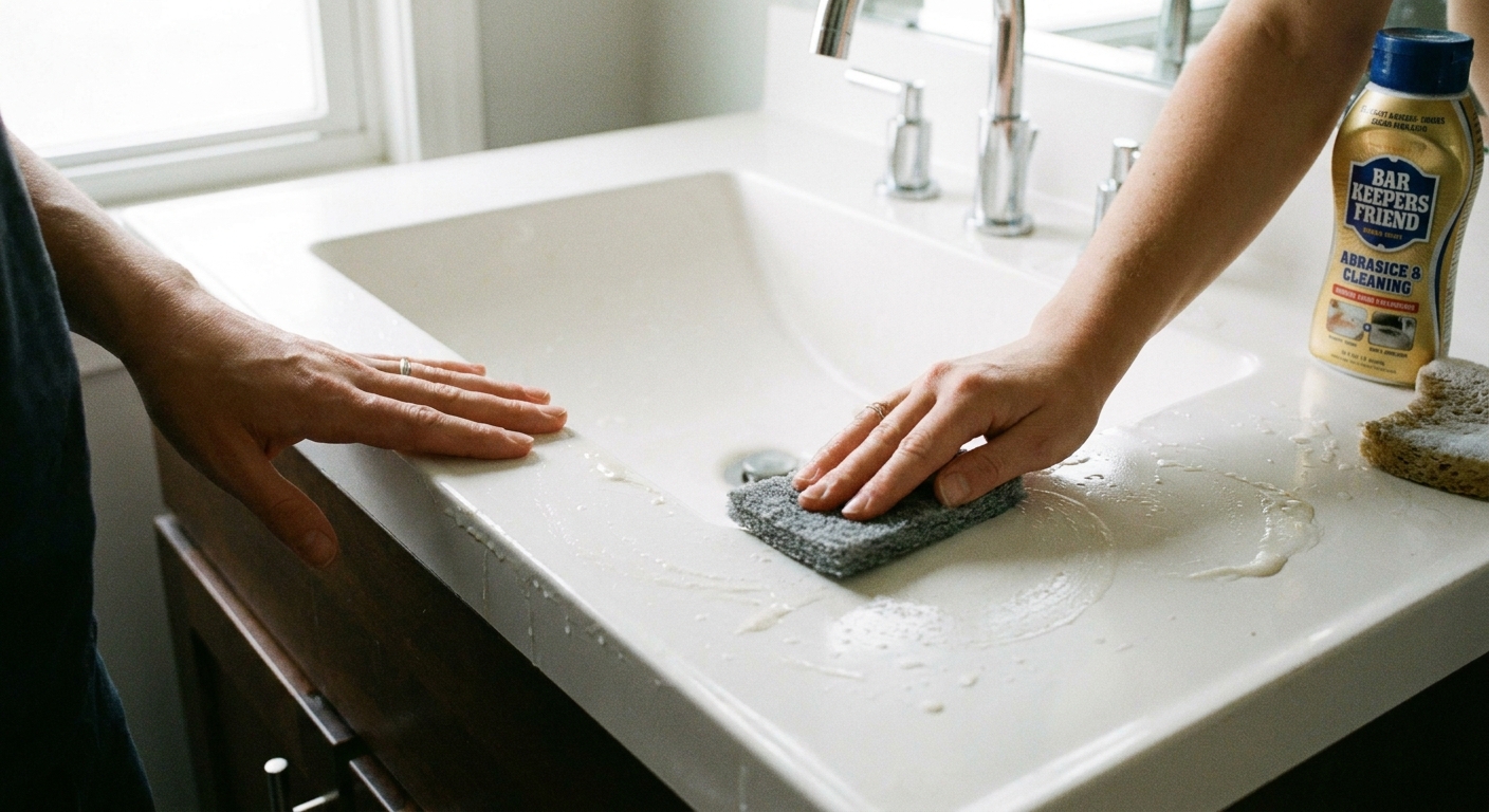 A real photograph of an integrated white solid surface sink and countertop as a person gently scrubs the area around the basin with a gray abrasive pad, bright bathroom lighting