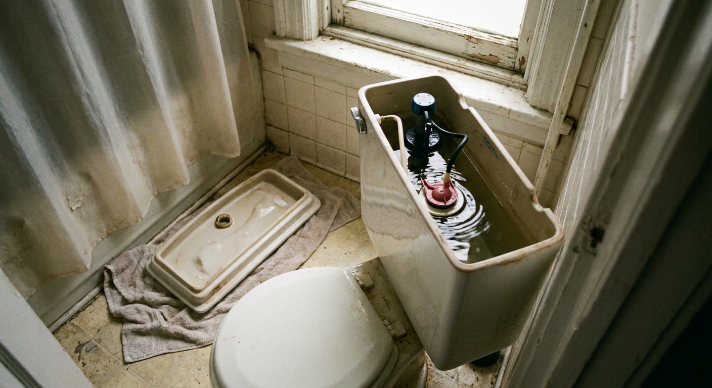 A real photograph of an open toilet tank in a small apartment bathroom, with the lid resting safely on a towel and water gently moving inside the tank