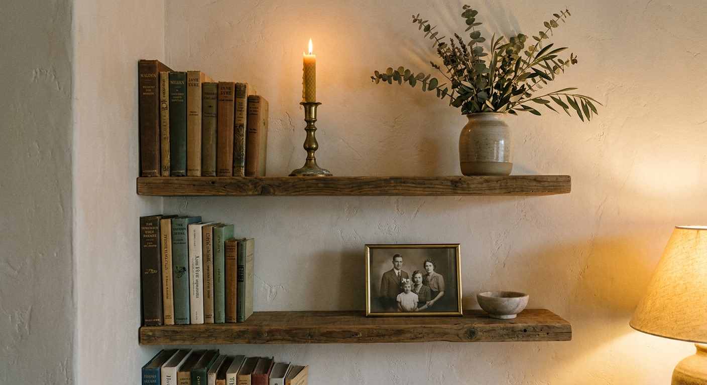 A real photograph of floating wall shelves styled with stacked books, a vintage brass candlestick, a ceramic vase with greenery, and a framed photograph in warm ambient light
