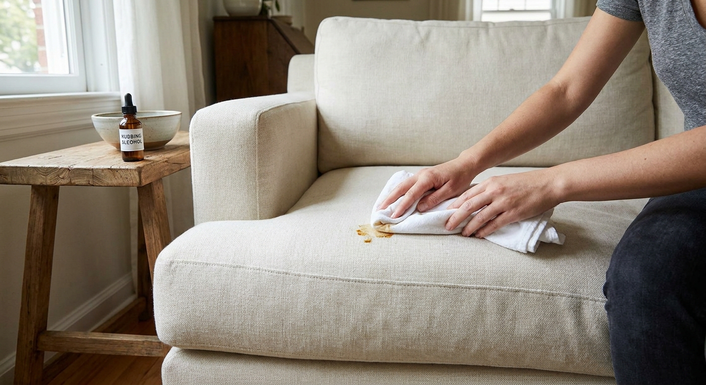 A real photograph of hands blotting a small sap residue spot on a light cream sofa using a folded white cloth, with a small bottle of rubbing alcohol nearby on a side table