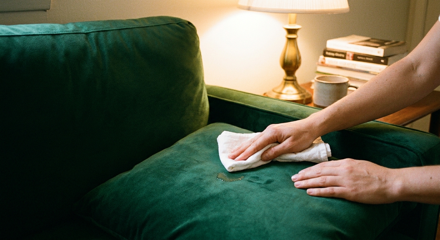 A real photograph of hands gently blotting a small stain on a deep green velvet sofa cushion with a clean white cloth under warm lamp light