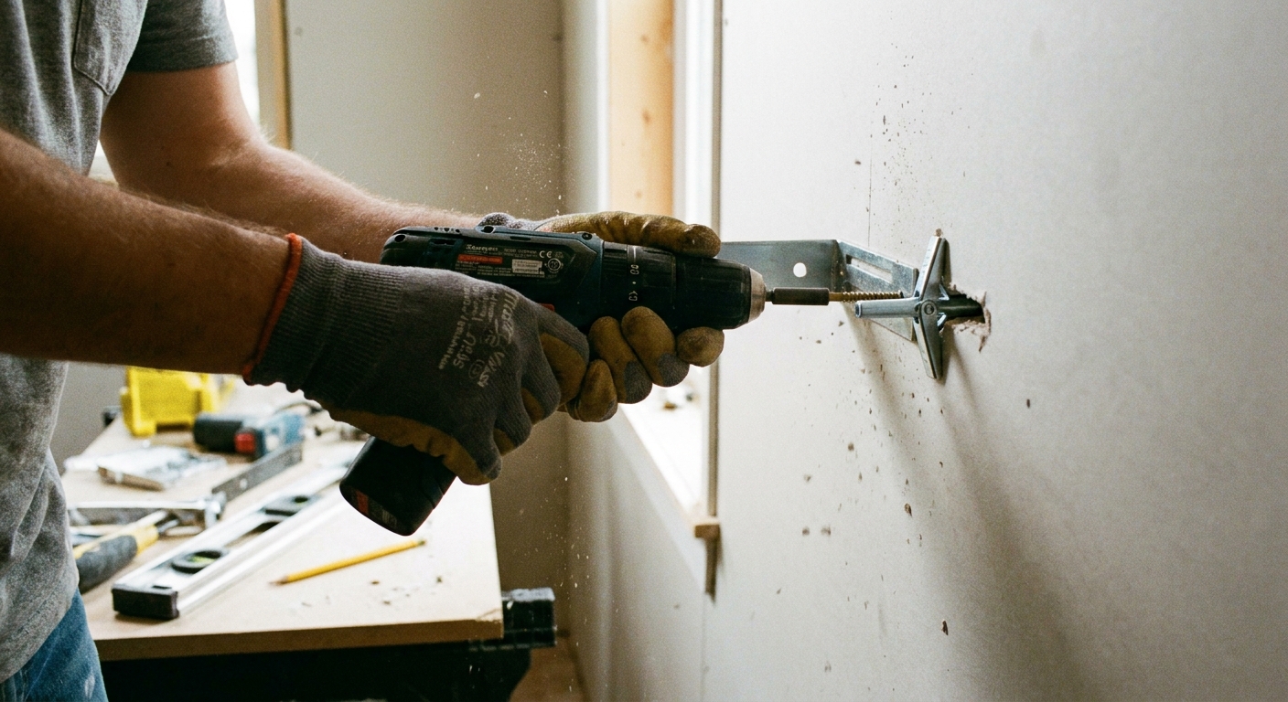 A real photograph of hands holding a drill and installing a floating shelf wall bracket into drywall with a toggle anchor, close-up DIY home project scene