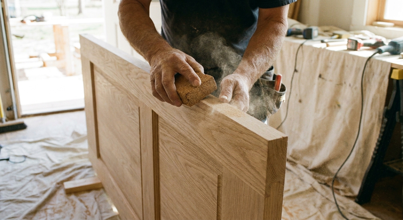A real photograph of hands sanding the edge of a wooden interior door with a sanding block, fine dust visible on the door edge