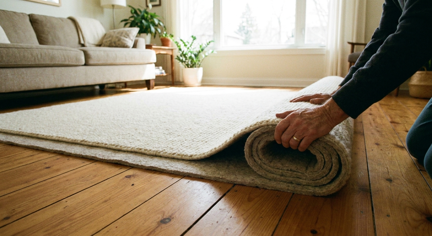 A real photograph of hands unrolling a neutral rug pad beneath a light wool area rug in a sunlit living room with hardwood floors