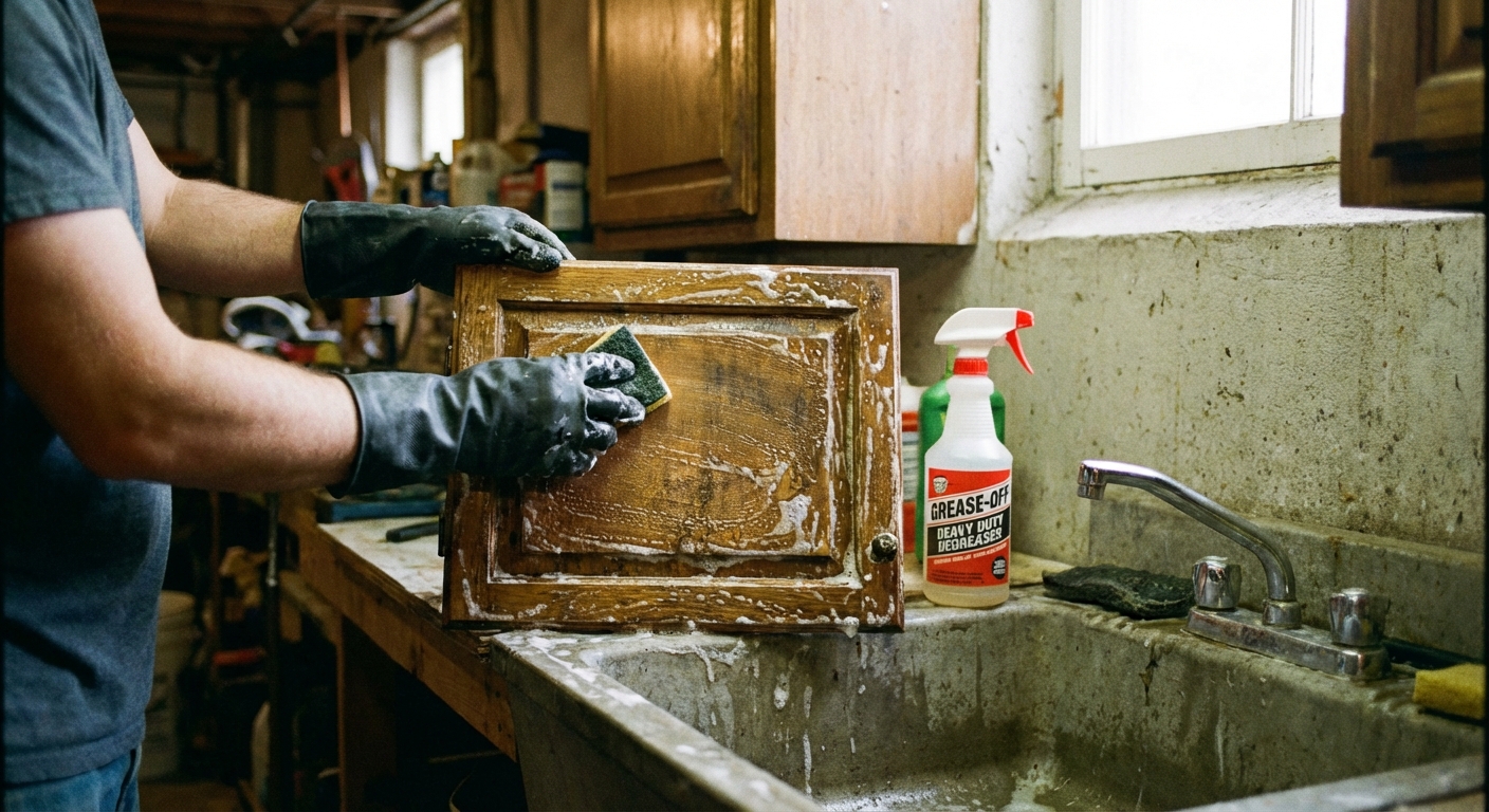 A real photograph of hands wearing gloves scrubbing an old cabinet door with a sponge and degreaser at a utility sink