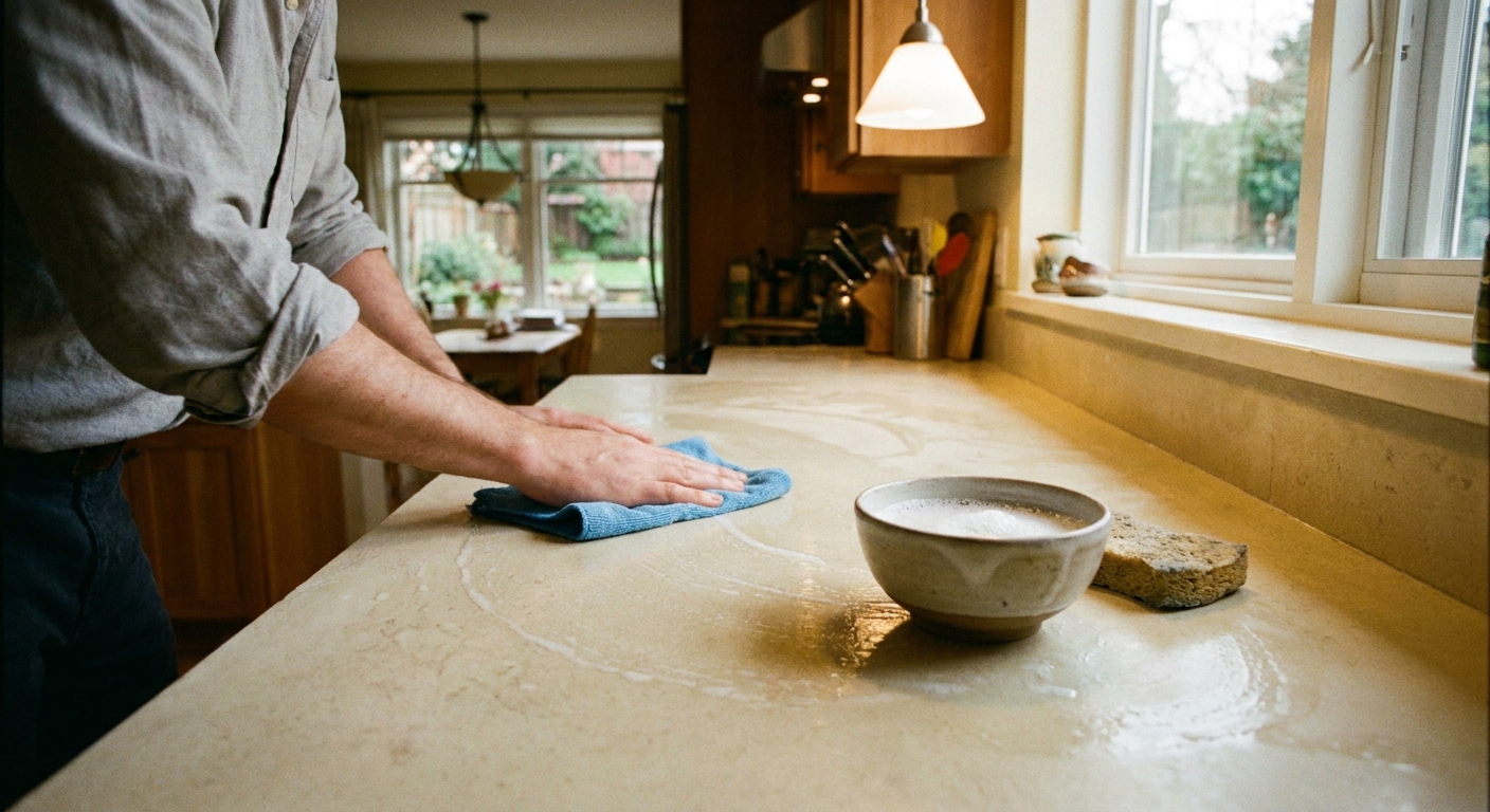 A real photograph of hands wiping a creamy solid surface countertop with a microfiber cloth and a small bowl of mild soapy water, warm kitchen lighting