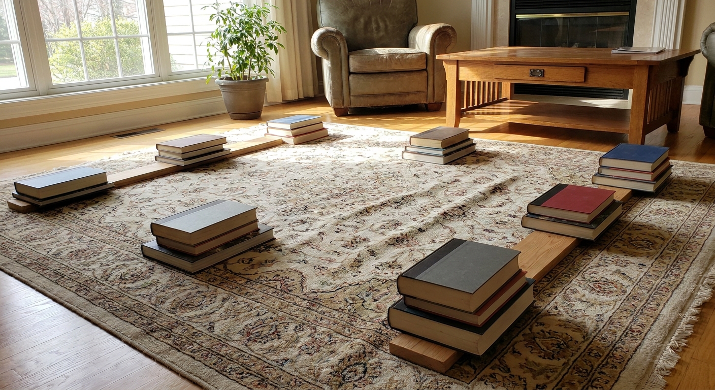A real photograph of heavy books and flat boards evenly spaced over ripples on a new area rug in a bright living room