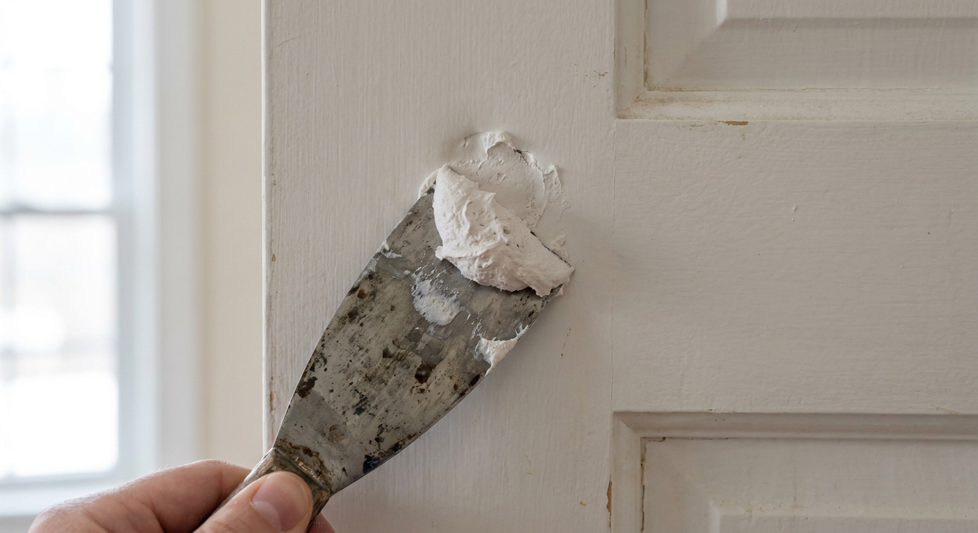 A real photograph of lightweight spackle on a metal putty knife being applied to a small dent on a painted hollow-core door, close-up with soft indoor lighting