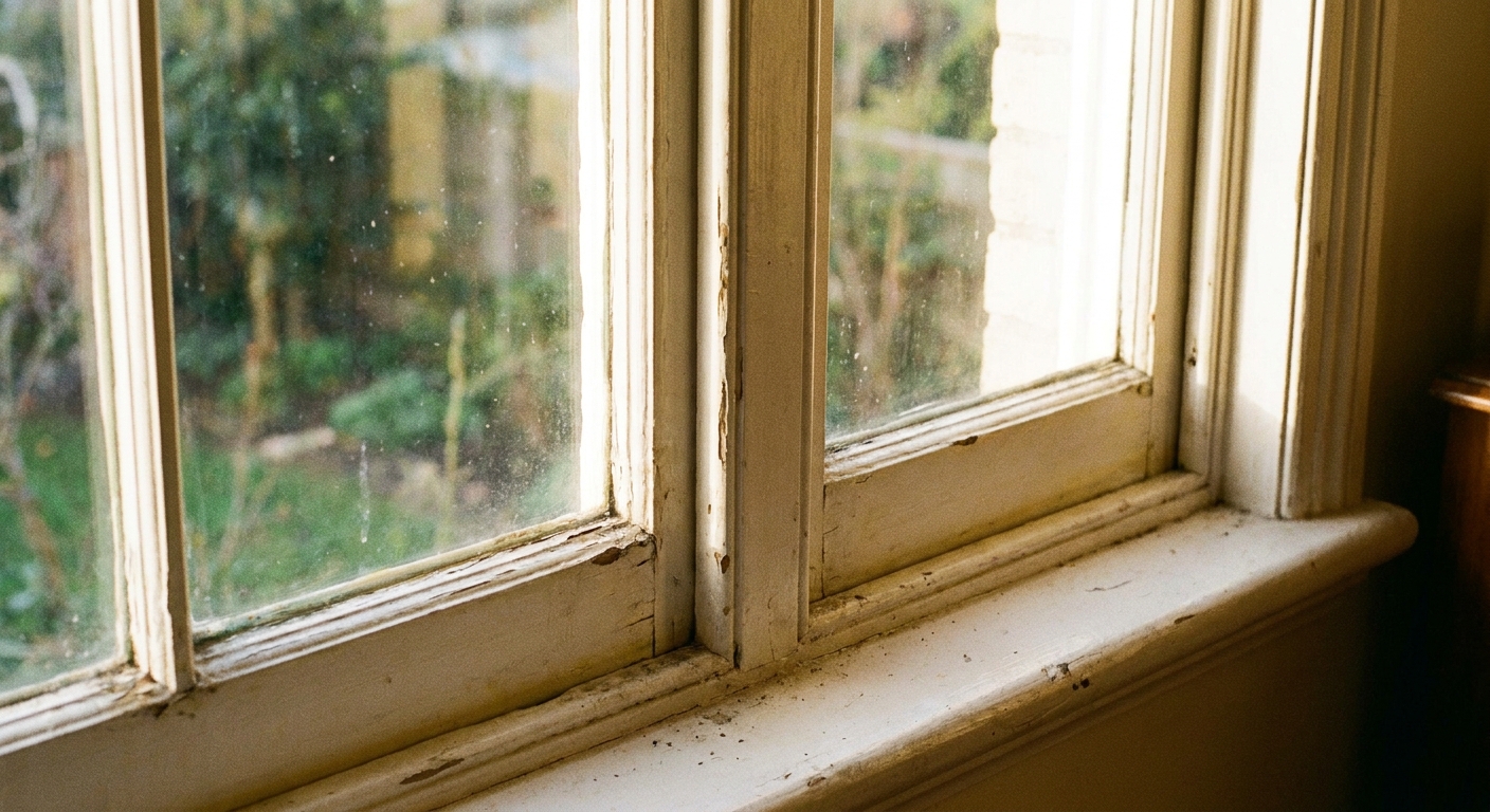 A real photograph of older painted white window trim showing a slight yellowed warmth, with soft daylight coming through the window
