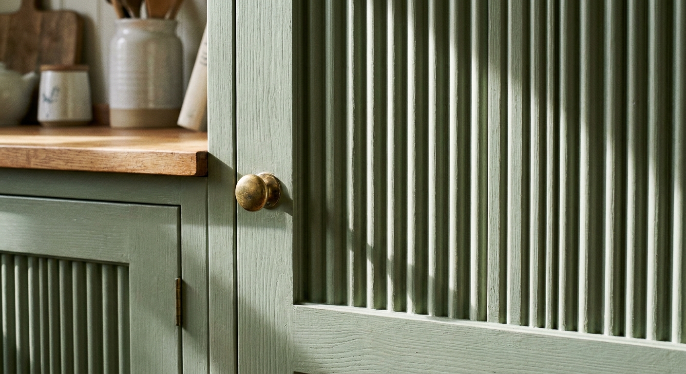 A real photograph of painted fluted paneling on a cabinet front with subtle vertical ridges creating shadow and depth