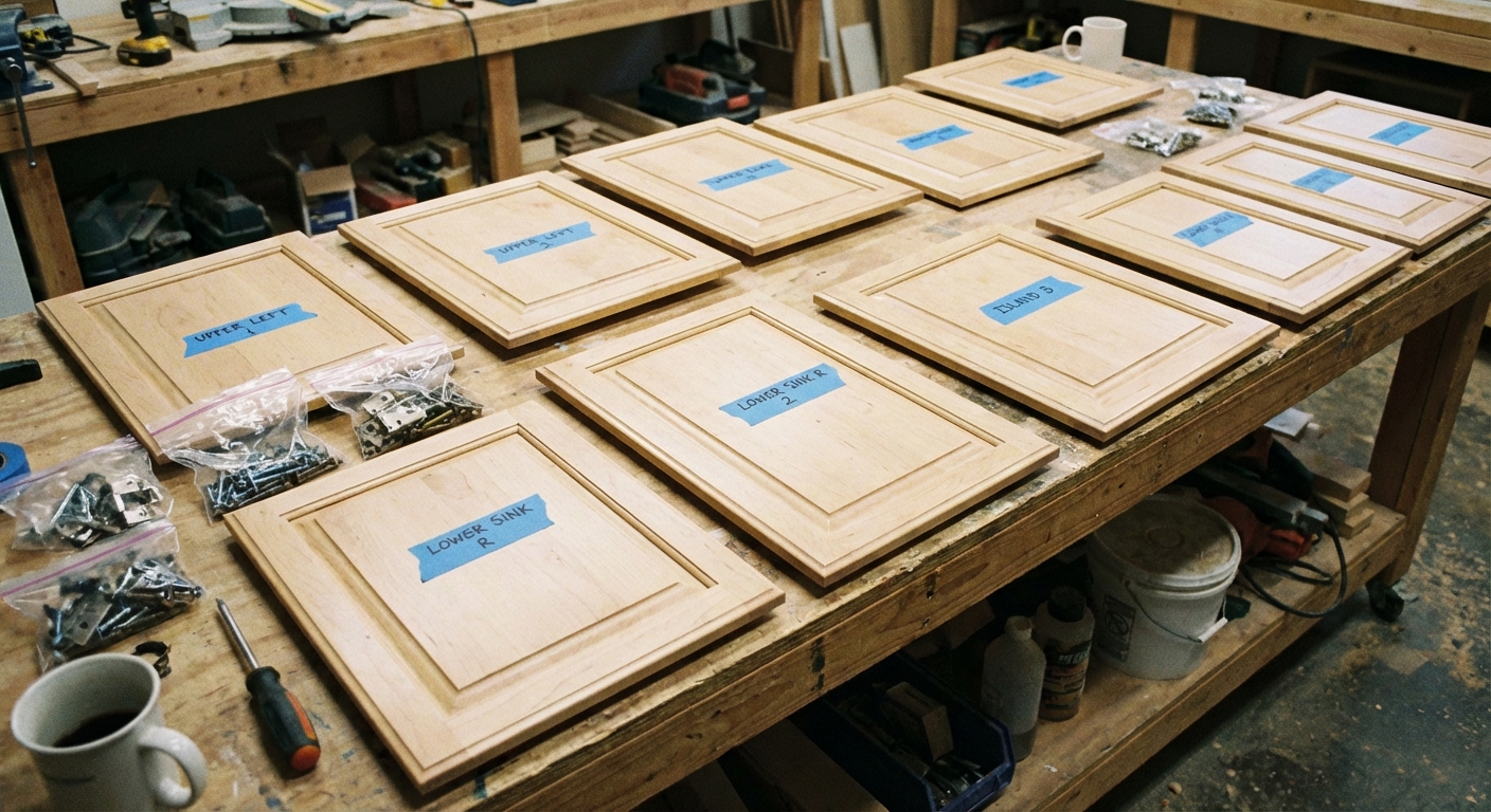 A real photograph of removed kitchen cabinet doors laid flat on a work table, each labeled with painter’s tape, with small bags of screws nearby